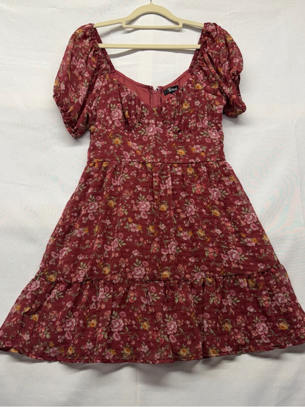 Trixxi Burgundy Floral Puff-Sleeve Cottagecore Dress Sz small NWT